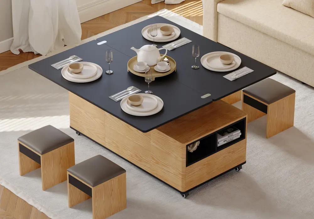 1194 mm Lift-Top Extendable Coffee Table with Drawers & Cabinet