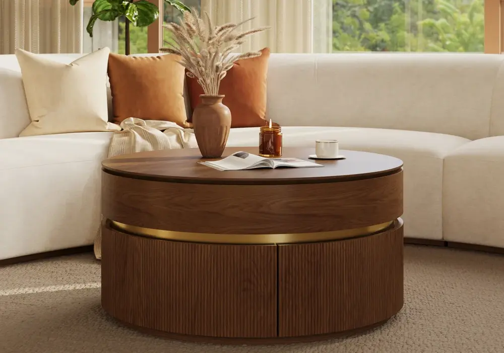 32" Fluted Lift-Top Round Walnut Coffee Table with 2 Drawers