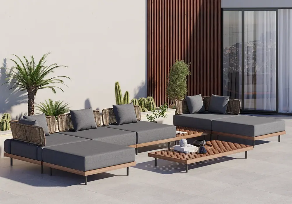 8 PiecesTeak & Aluminum & Rattan Outdoor Sectional Sofa Set with Coffee Table