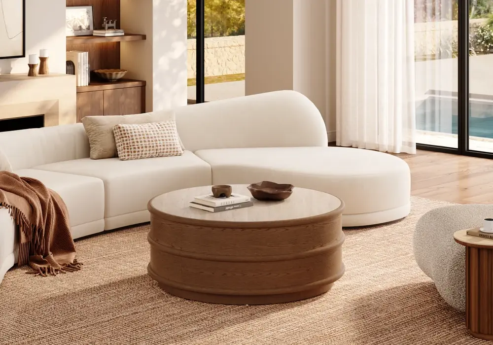 36" Ash Wood Round Coffee Table with Sintered Stone Top