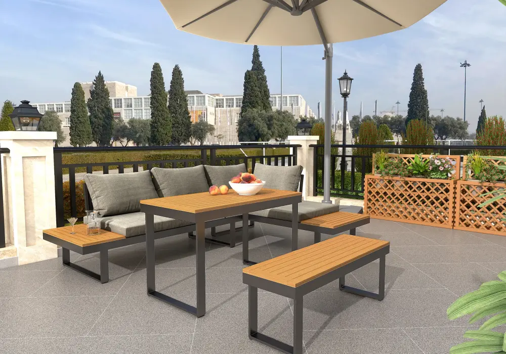 Slatera 4-Piece Outdoor Acacia & Aluminum Modular Sofa Set in Dark Gray