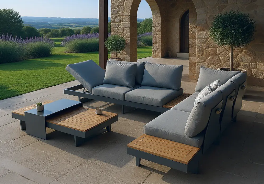 Tevara 4-Piece Outdoor Teak & Aluminum Modular Sofa Set with Coffee Table for 6 in Gray