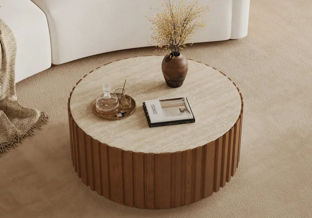 Aura 35" Ash Wood Slatted Round Coffee Table with Sintered Stone Top