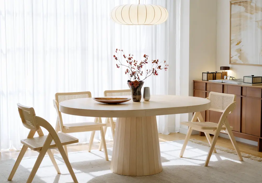 Japandi 39"–55" Extendable Round-to-Oval Wood Dining Table–Whitewash, Seats 4-6