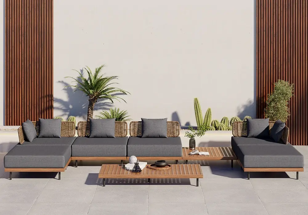 8 PiecesTeak & Aluminum & Rattan Outdoor Sectional Sofa Set with Coffee Table