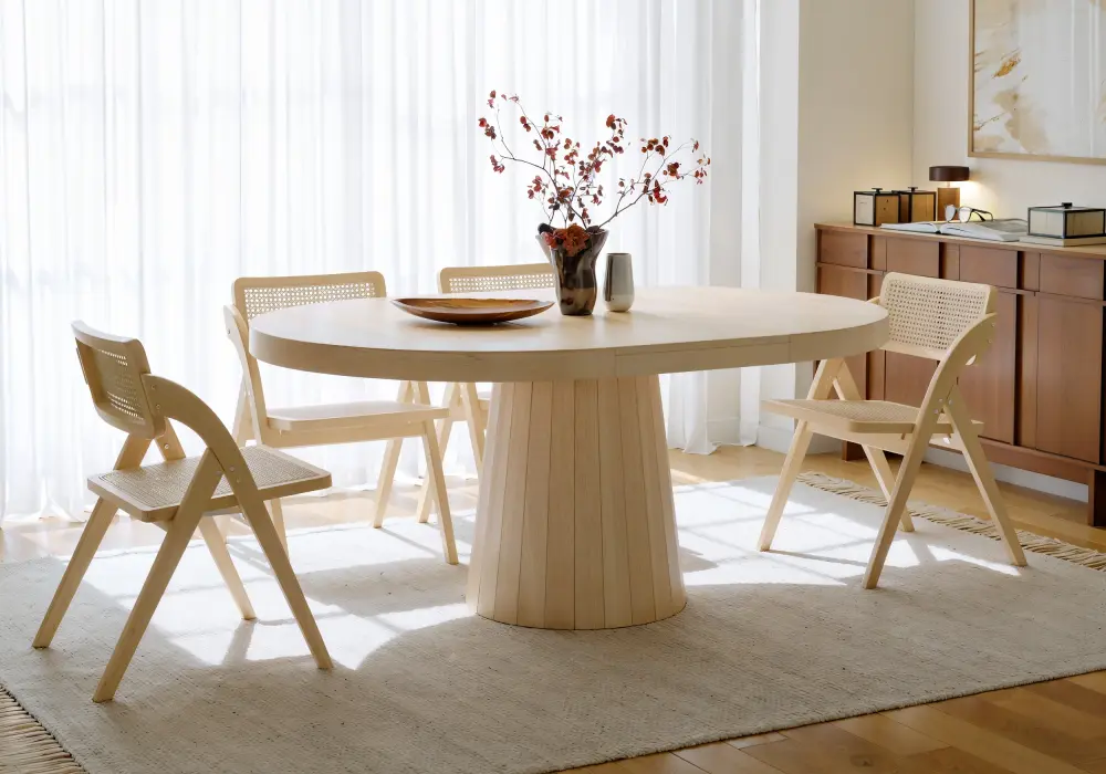 Japandi 39"–55" Extendable Round-to-Oval Wood Dining Table–Whitewash, Seats 4-6