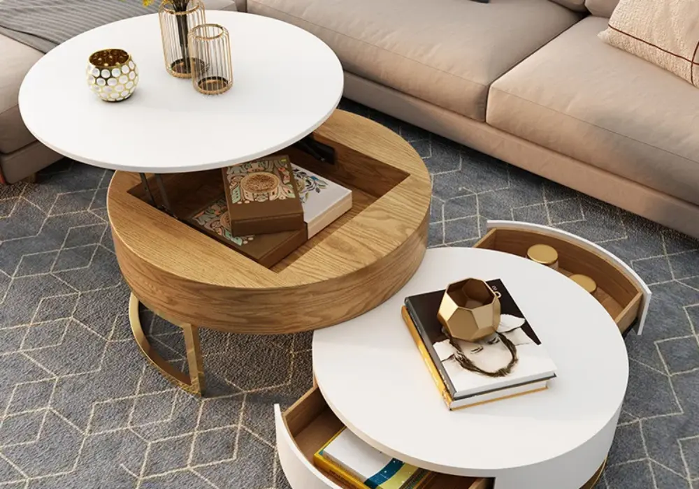 Nesnesis Modern Round Lift-top Nesting Wood Coffee Tables with 2 Drawers White & Natural