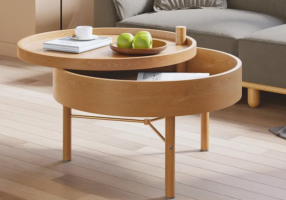 24" Round Rotating Tray Coffee Table with Storage & Metal Legs