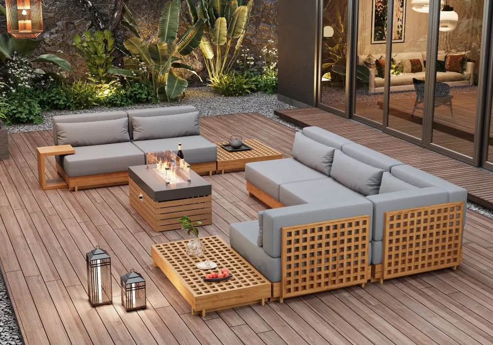 Grida 10-Pieces Premium Teak Modular L-Shaped Outdoor Sofa Set with Fire Pit in Gray