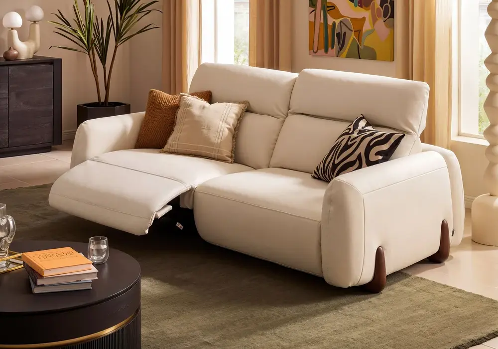Canapé inclinable électrique Curva 2159 mm en cuir véritable avec appuie-tête réglable