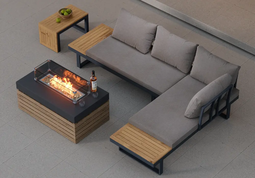 4-Pieces Modular L-Shaped Teak Sectional Outdoor Sofa Set with Fire Pit in Gray