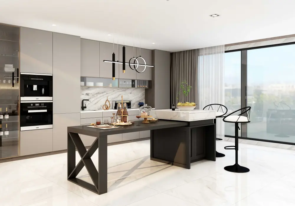 Îlot de cuisine extensible moderne de 1854 mm à 2362 mm blanc et noir avec table à manger, 4 places