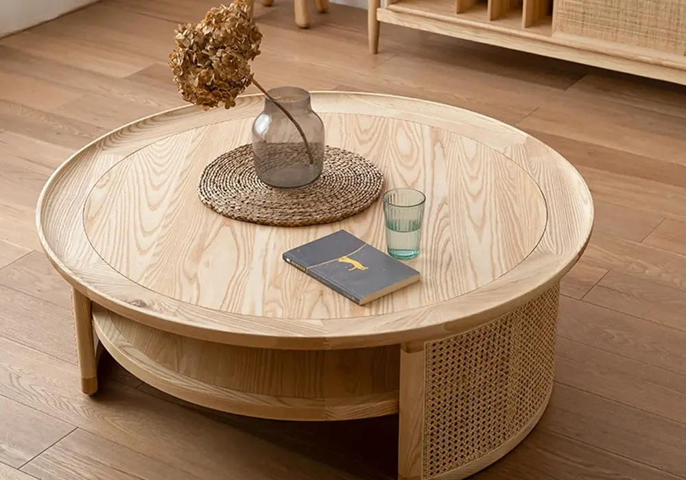 2-Tiered Japandi Round Wood Coffee Table with Rattan Base