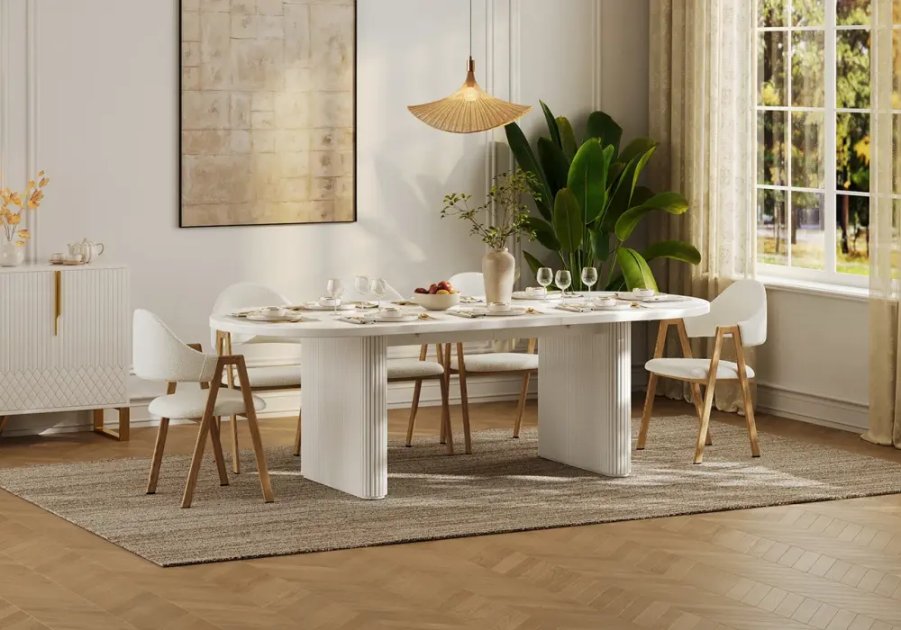 Fluve 79"-94" Extendable Oval White Dining Table, Seats 6-8