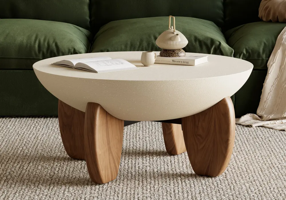 Curva 762 mm Round Concrete-Look Fiberglass Coffee Table with Wood Legs