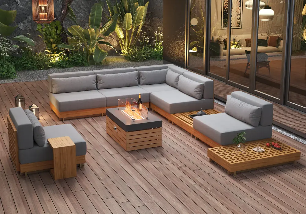 Grida 10-Pieces Premium Teak Modular L-Shaped Outdoor Sofa Set with Fire Pit in Gray