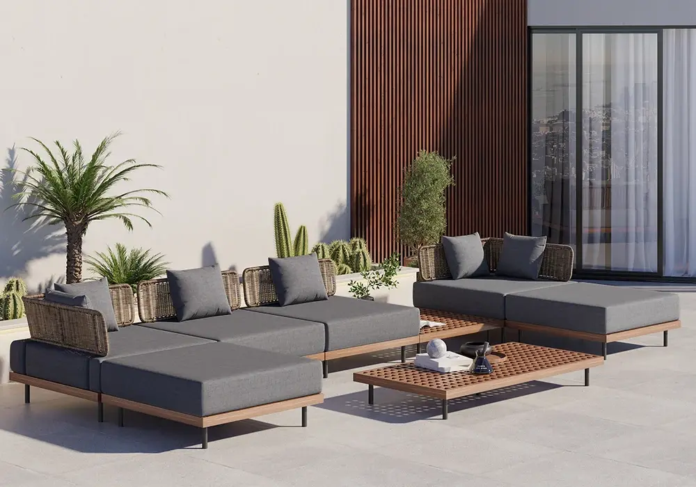 8 PiecesTeak & Aluminum & Rattan Outdoor Sectional Sofa Set with Coffee Table