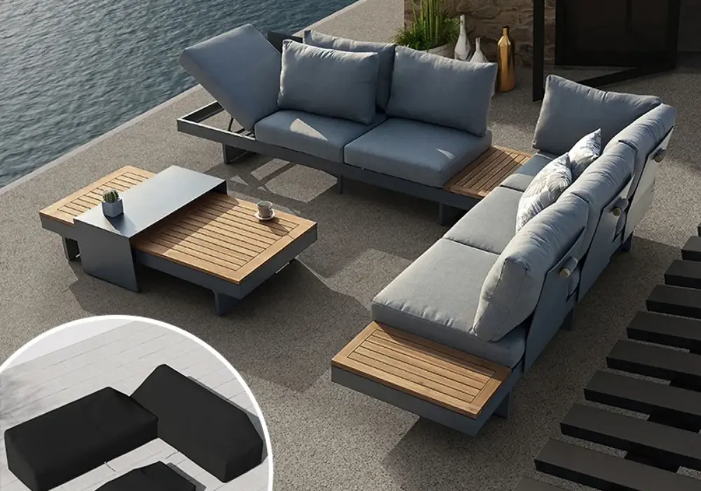 Tevara 4-Piece Outdoor Teak & Aluminum Modular Sofa Set for 6 in Gray with Black Cover