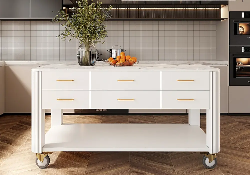 Modern 60" Wood Kitchen Island with Wheels & Cabinets