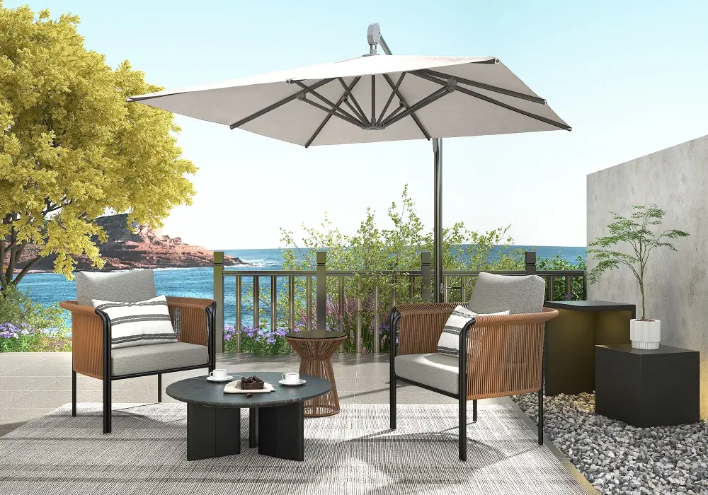 3 Pieces Coffee Rattan Outdoor Sofa Set with Glass Top Coffee Table and Gray Cushion