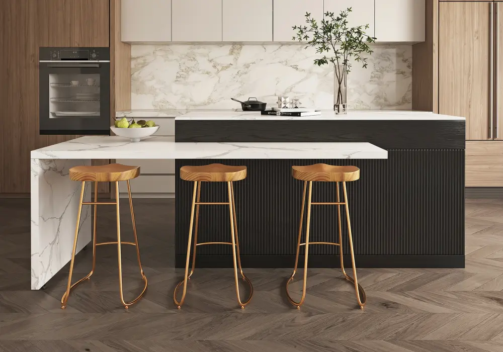 Modern 81"–106" Extendable Marble Pattern Kitchen Island with Doors & Drawers, Black