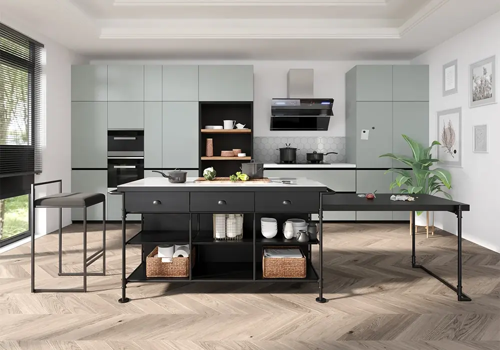 60" Industrial Extendable Faux Marble Kitchen Islands Black with 3-Drawer