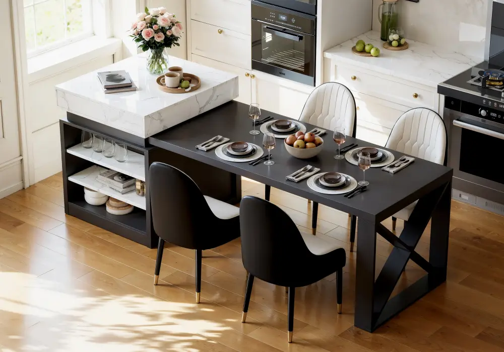 Modern 73"-93" Extendable White & Black Kitchen Island with Dining Table, Seats 4