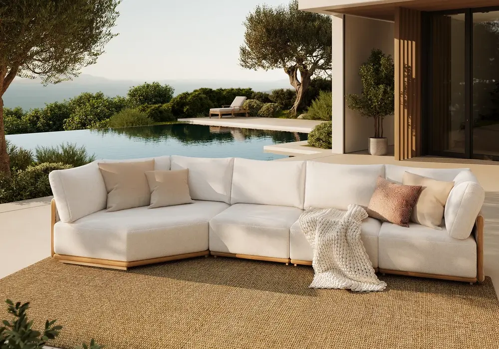 Ensemble de canapé sectionnel 4 pièces en teck et aluminium avec chaise longue pour 4 personnes en gris clair