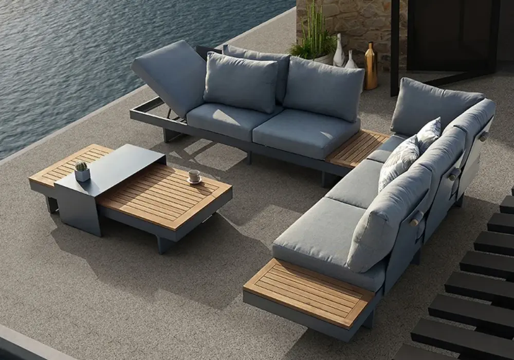 Tevara 4-Piece Outdoor Teak & Aluminum Modular Sofa Set with Coffee Table for 6 in Gray