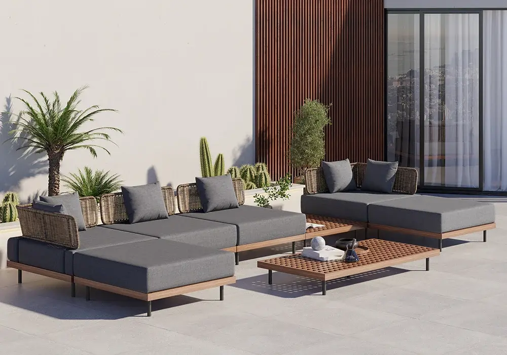 8 PiecesTeak & Aluminum & Rattan Outdoor Sectional Sofa Set with Coffee Table
