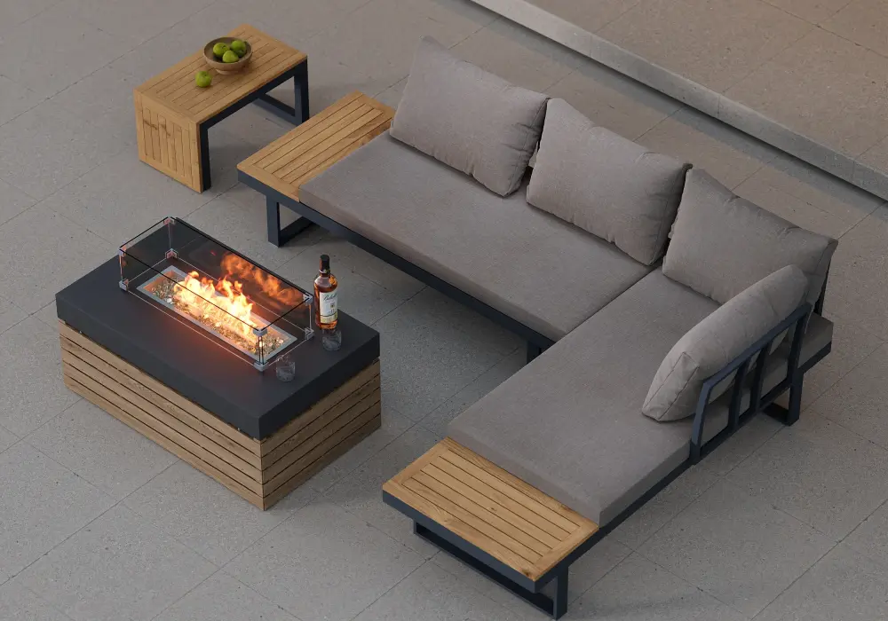 4-Pieces Modular L-Shaped Teak Sectional Outdoor Sofa Set with Fire Pit in Gray