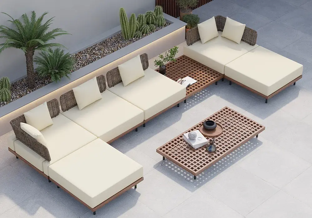 8-Pieces Teak Modular Outdoor & Patio Sectional Sofa Set with Coffee Table