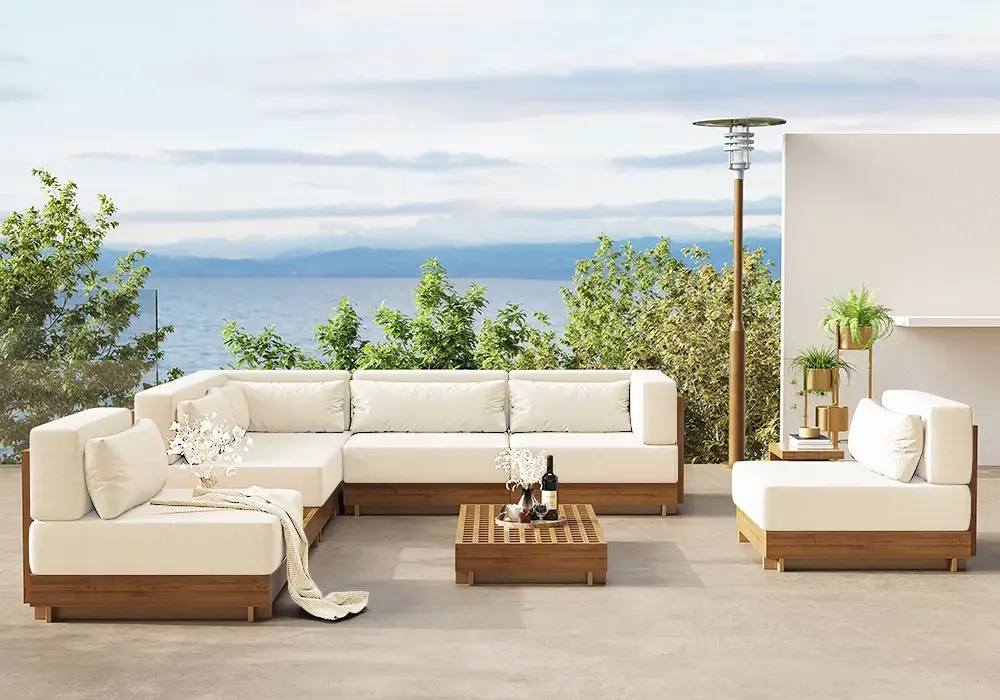 Grida 9-Piece Outdoor Teak Modular Sectional Sofa Set with Coffee Table in Ivory