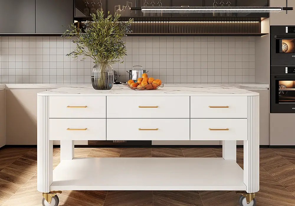 Modern 1524 mm Wood Kitchen Island with Wheels & Cabinets