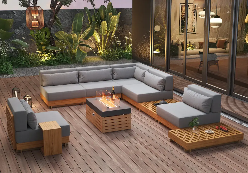 Grida 10-Pieces Premium Teak Modular L-Shaped Outdoor Sofa Set with Fire Pit in Gray