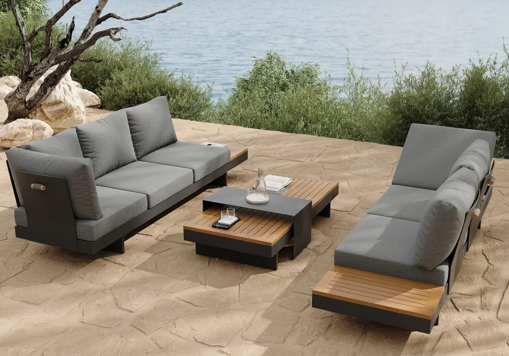Tevara 4-Piece Outdoor Teak & Aluminum Modular Sofa Set with Coffee Table for 6 in Gray