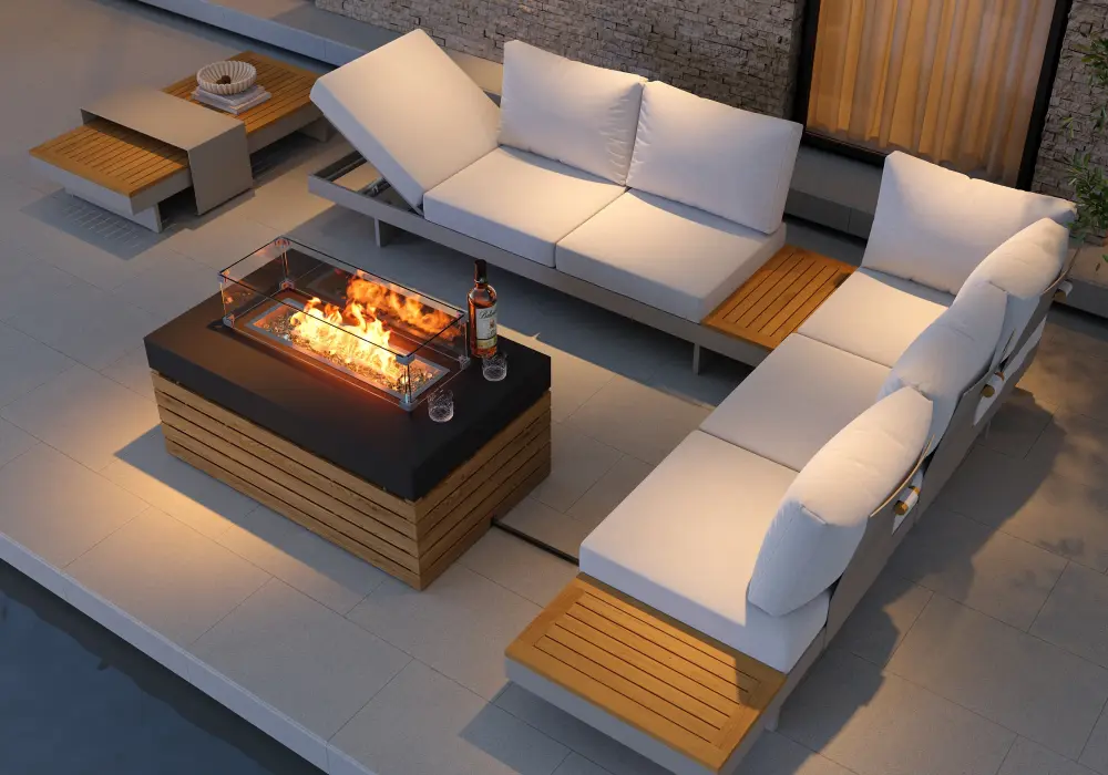 Tevara 5-Pieces Modular Teak Outdoor Sofa Set with Smokeless Fire Pit 6 Person in Warm White