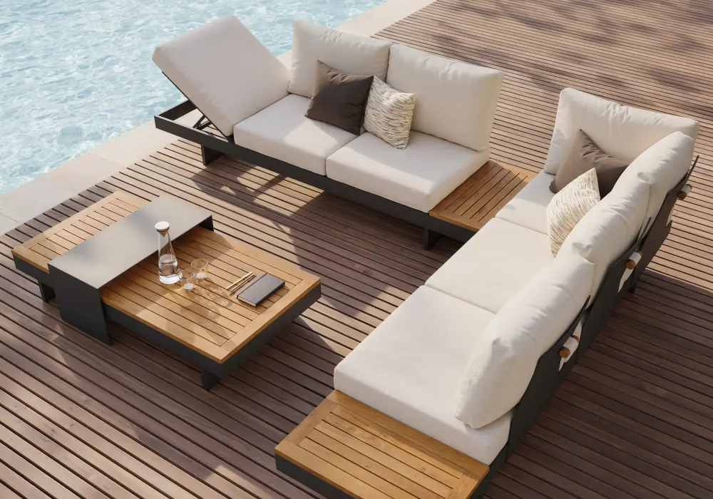 Tevara 4-Piece Outdoor Teak & Aluminum Modular Sofa Set with Coffee Table for 6 in Ivory