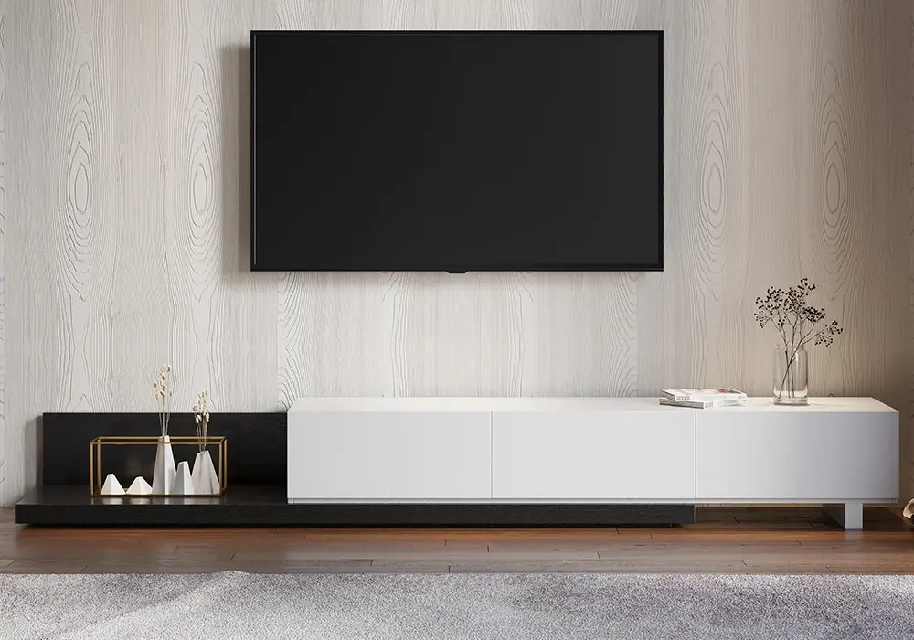 Rozšiřitelný TV stolek Quoint 1803 mm-2540 mm se 3 zásuvkami