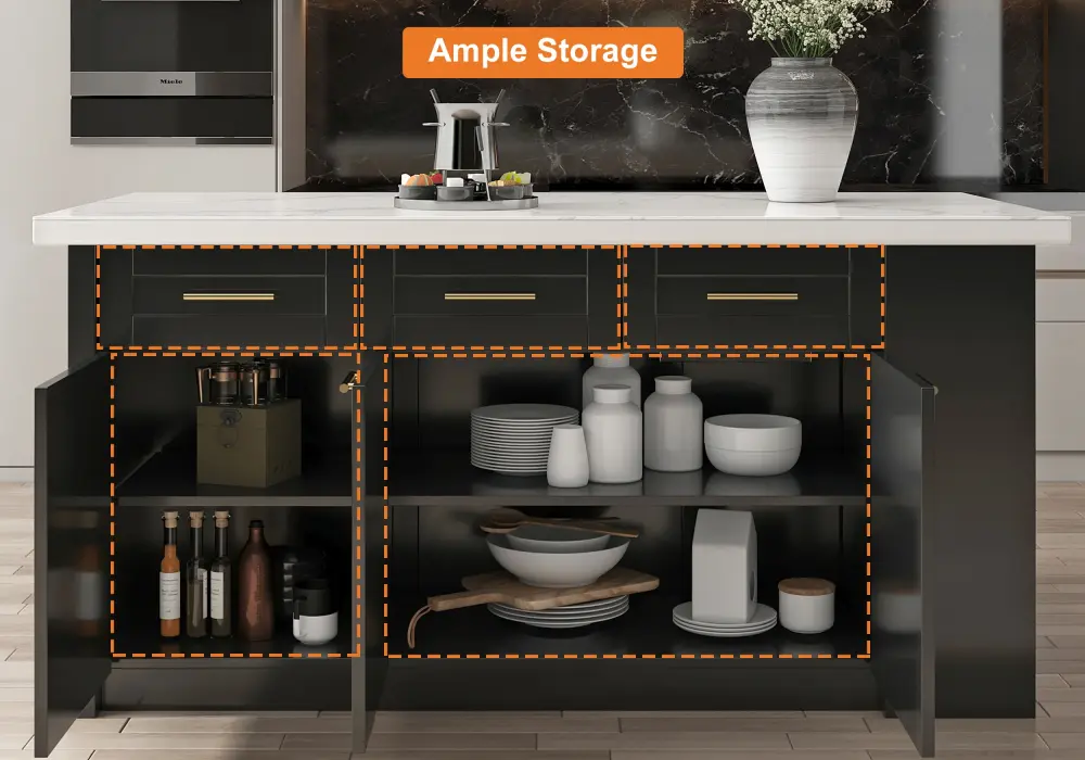 Modern 72" Wood Kitchen Island with Drawers & Cabinets, White & Black