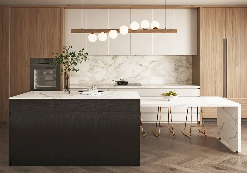 Modern 2057 mm–2692 mm Extendable Marble Pattern Kitchen Island with Doors & Drawers, Black