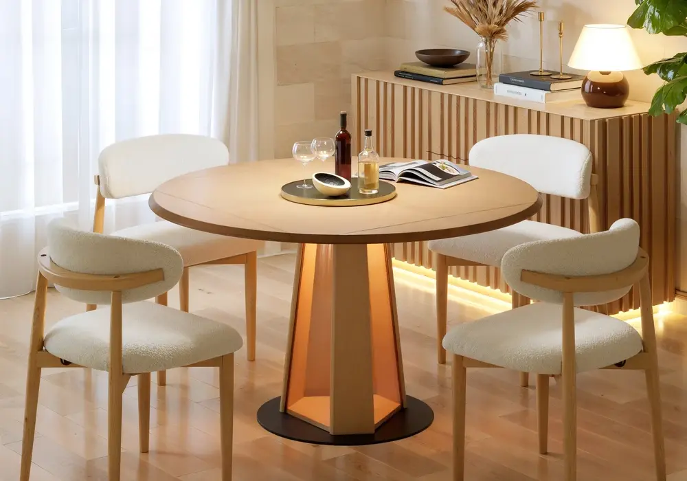 914-1194 mm Extendable Natural Wood Dining Table with LED Light, Seats 2-4