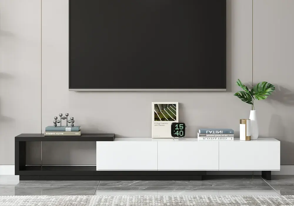 Rozšiřitelný podlahový TV stolek se 3 zásuvkami (2134 mm-2794 mm)