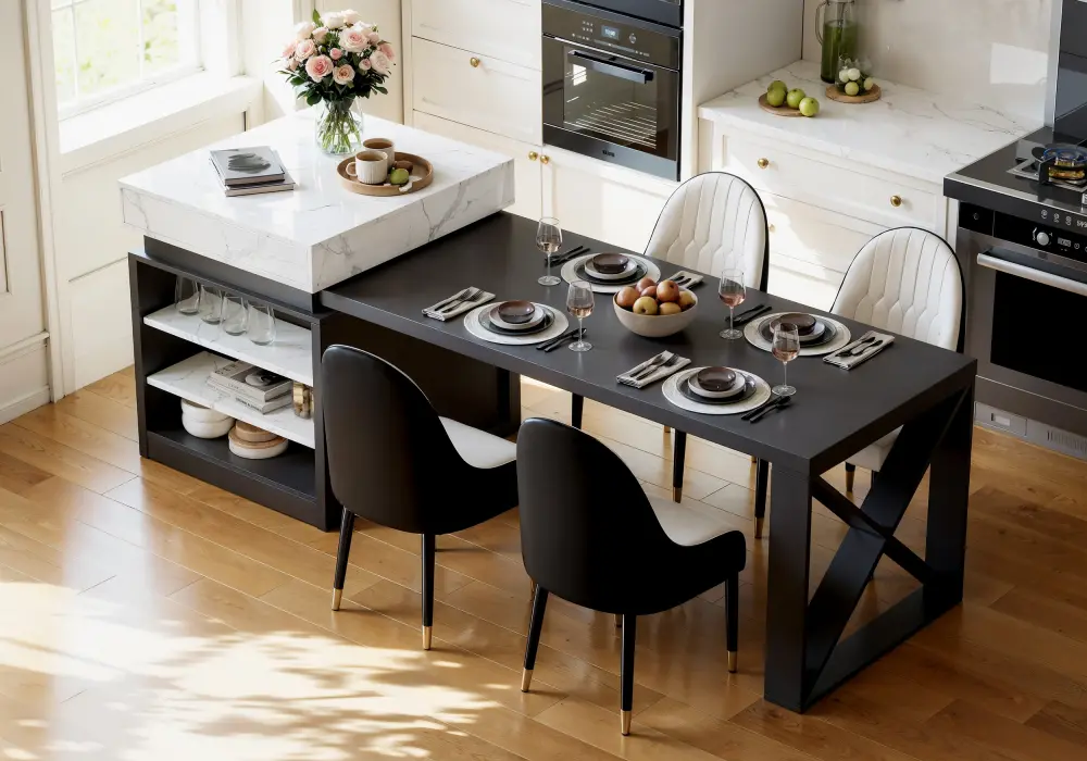 Modern 1854 mm-2362 mm Extendable White & Black Kitchen Island with Dining Table, Seats 4