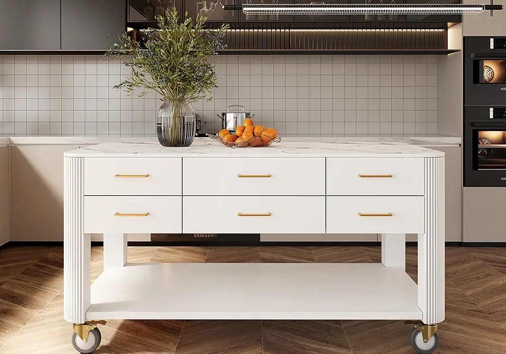 Modern 60" Wood Kitchen Island with Wheels & Cabinets
