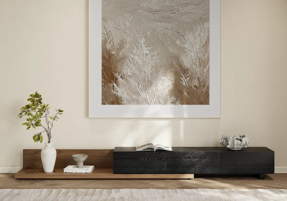 Rozšiřitelný podlahový TV stolek z ořechu se 3 zásuvkami (2134 mm-2794 mm)