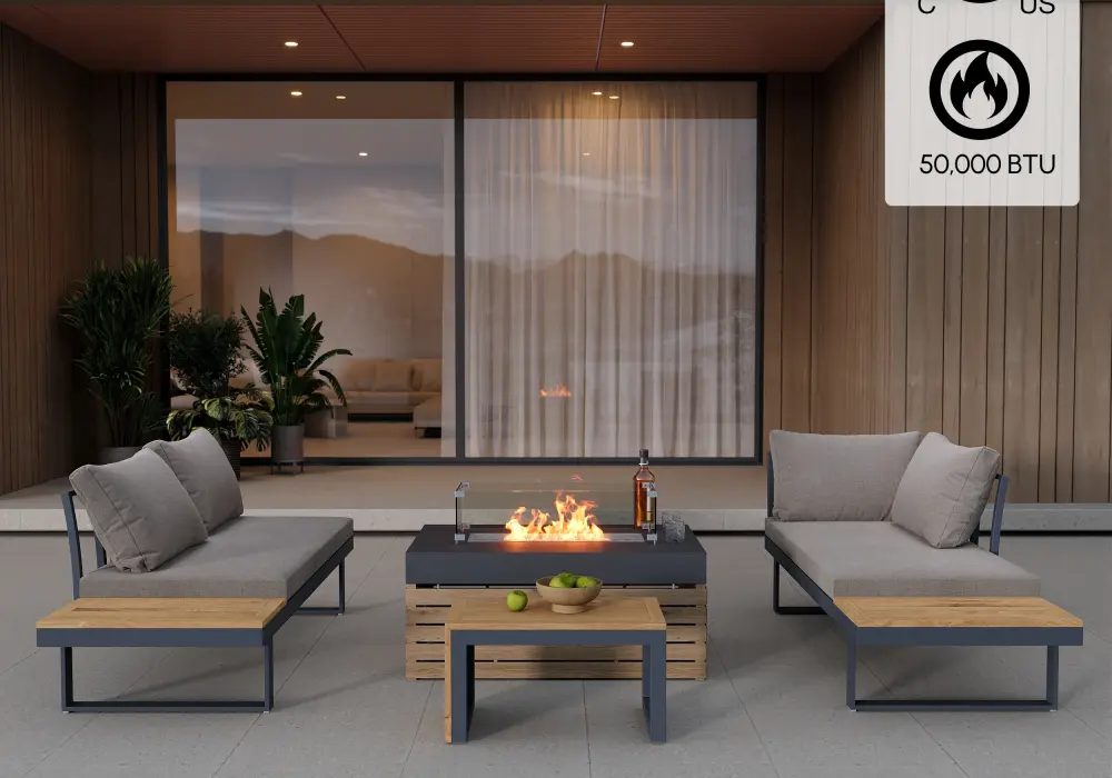 4-Pieces Modular L-Shaped Teak Sectional Outdoor Sofa Set with Fire Pit in Gray