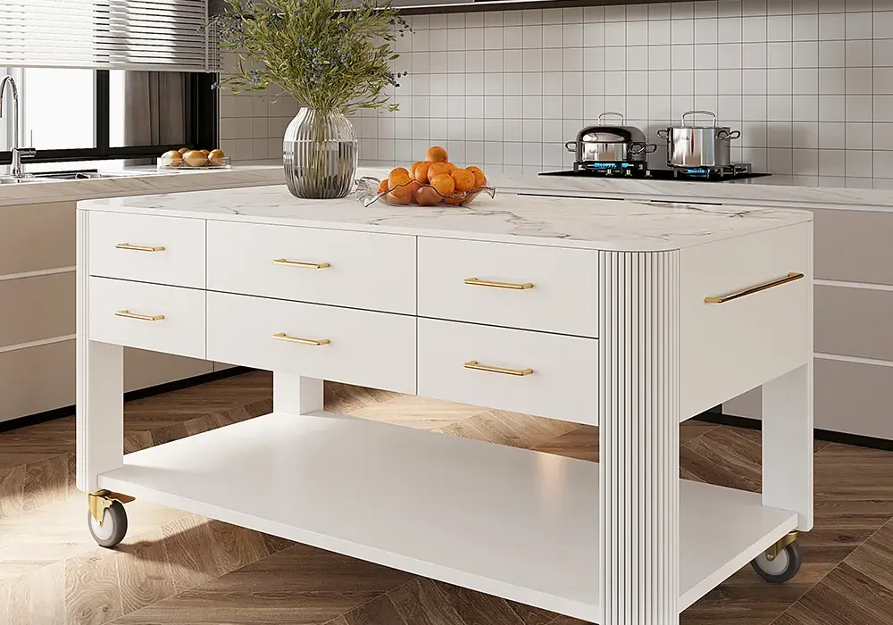 Modern 1524 mm Wood Kitchen Island with Wheels & Cabinets