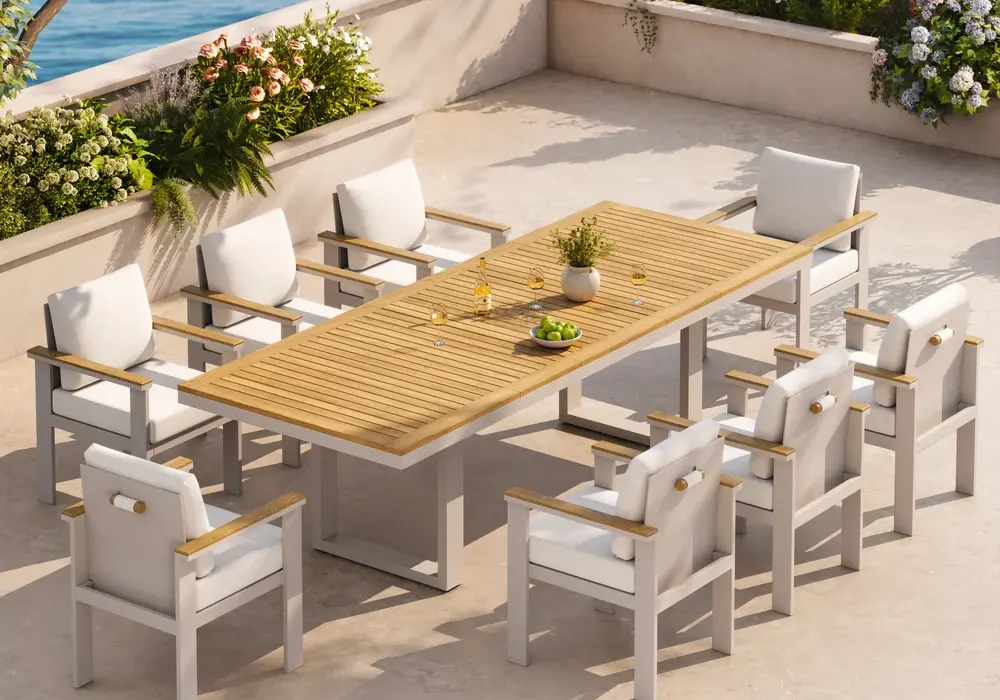 Tevara 9-Piece Rectangle Wood & Aluminum Outdoor Extendable Dining Set