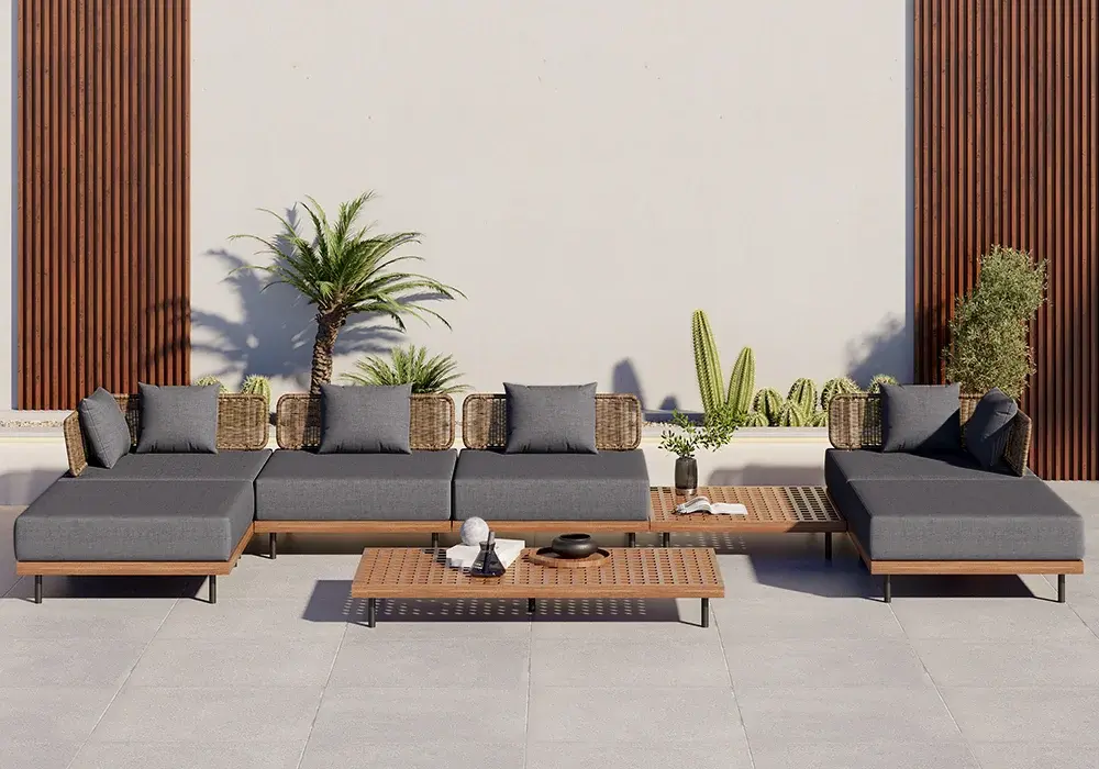 8 PiecesTeak & Aluminum & Rattan Outdoor Sectional Sofa Set with Coffee Table